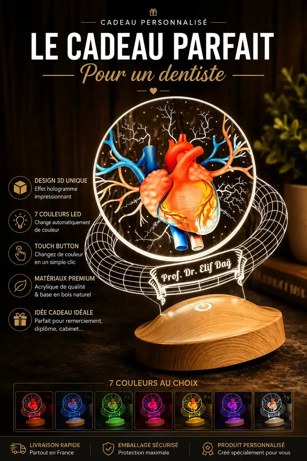 Cadeau médecin personnalisé veilleuse LED plexiglas — cœur | CréaBySana