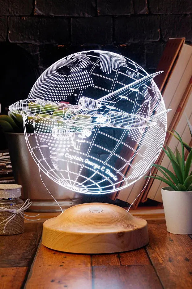 Cadeau pilote de ligne personnalisé — veilleuse LED globe avion gravée | CréaBySana