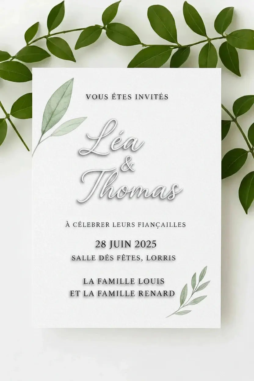 Carton invitation fiançailles feuillage vert personnalisé | Créa By Sana