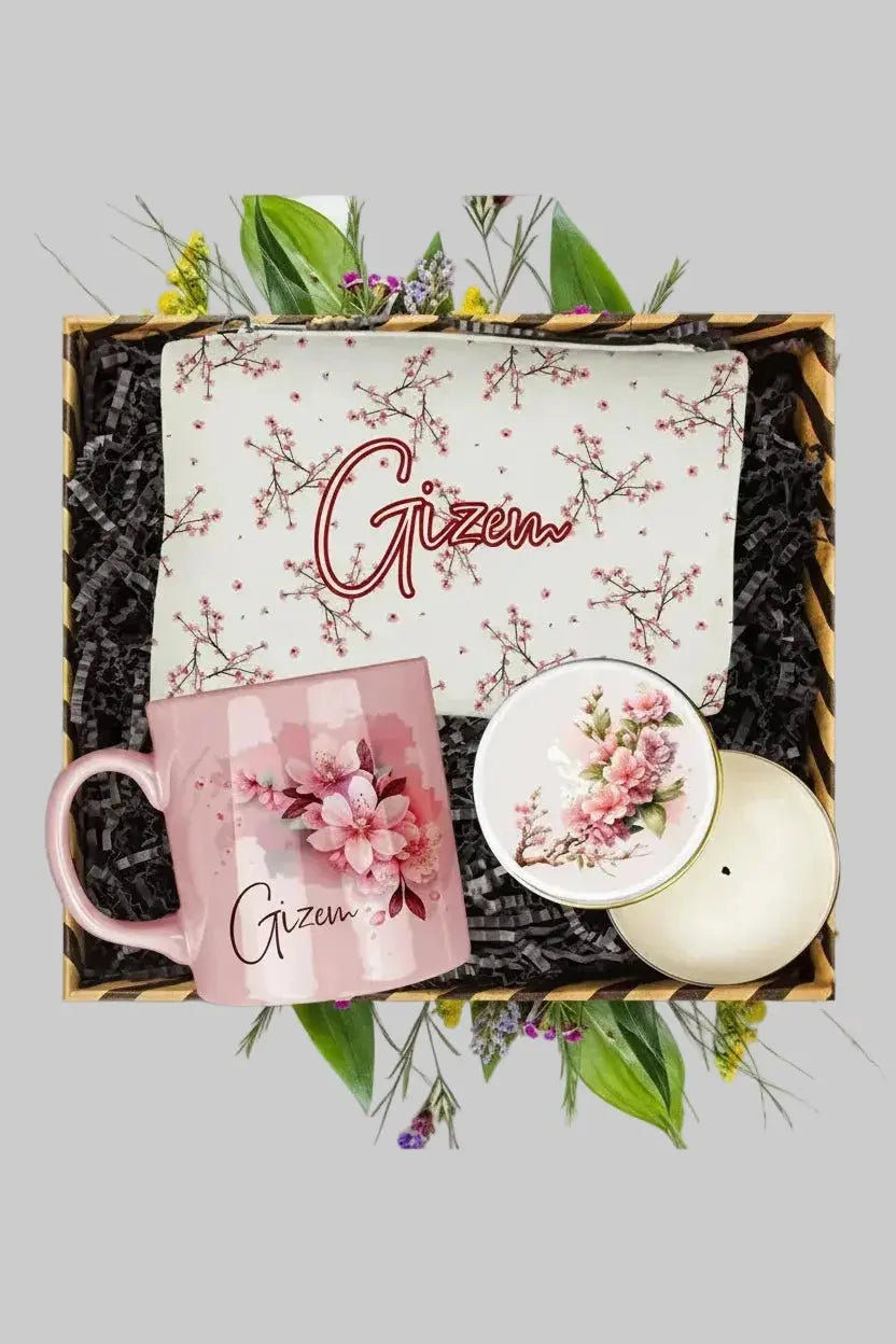 Coffret cadeau femme personnalisé mug bougie trousse florale | CréaBySana