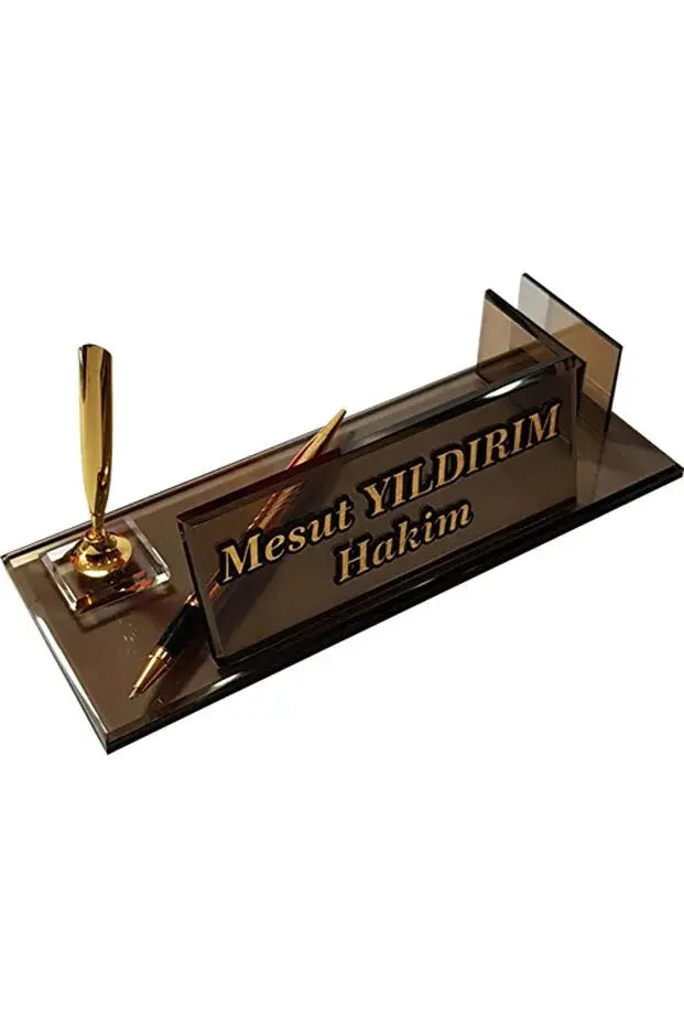 Plaque bureau verre fumé gravée — stylo doré porte-cartes | CréaBySana