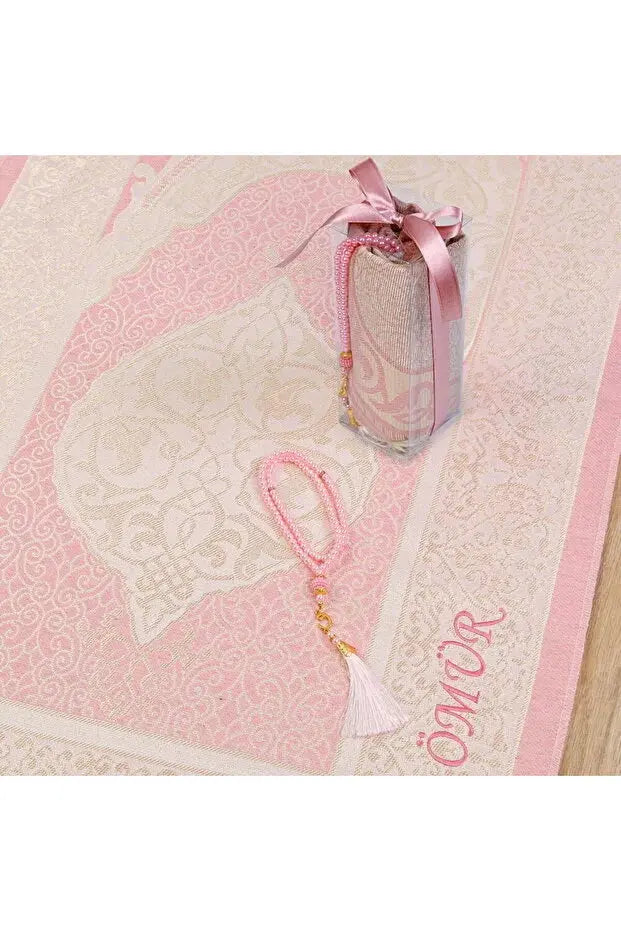 Tapis prière pliable personnalisé avec prénom — franges et chapelet inclus | CréaBySana