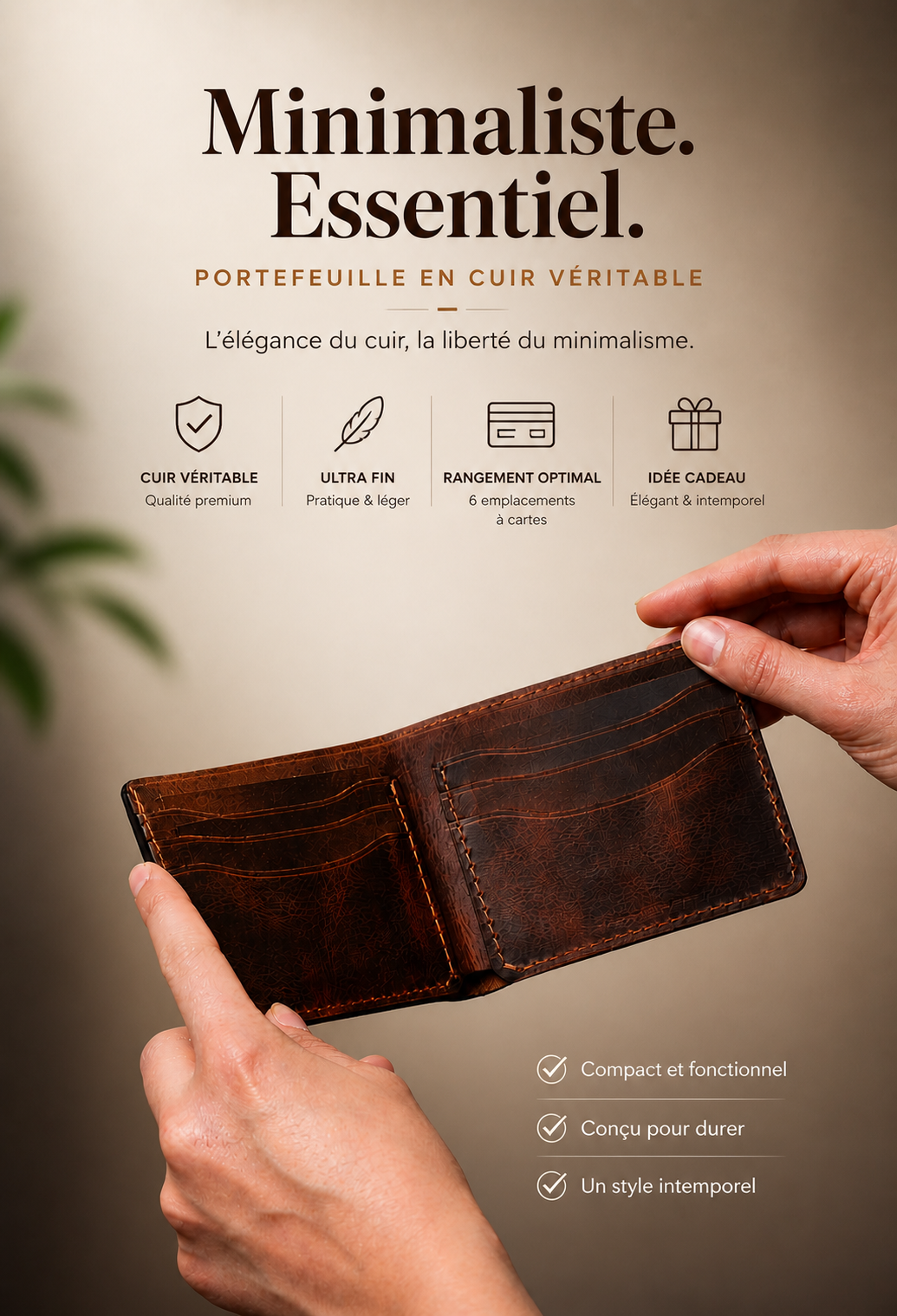 Portefeuille cuir luxe homme — compact et élégant | CréaBySana