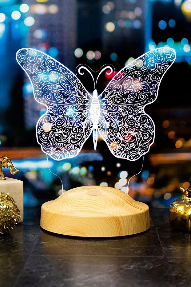 Veilleuse personnalisée prénom papillon — lumière LED 7 couleurs & socle bois CréaBySana