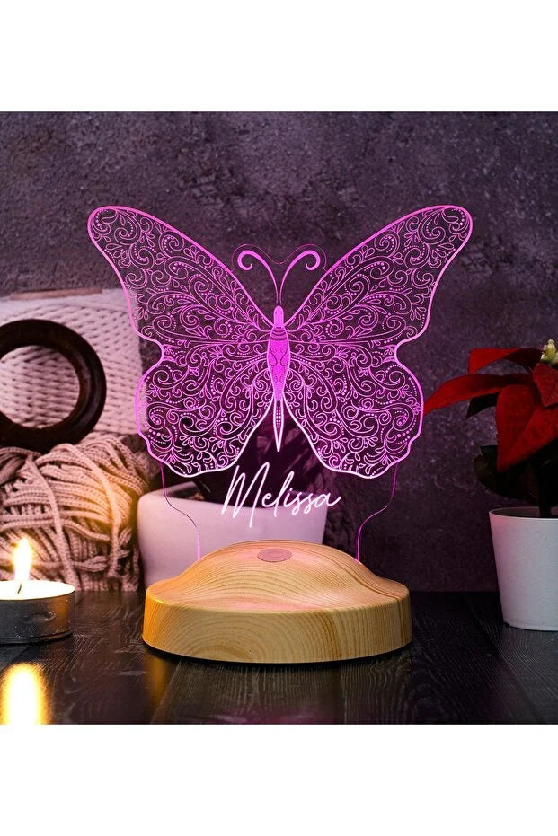 Veilleuse personnalisée prénom papillon — lumière LED 7 couleurs & socle bois CréaBySana